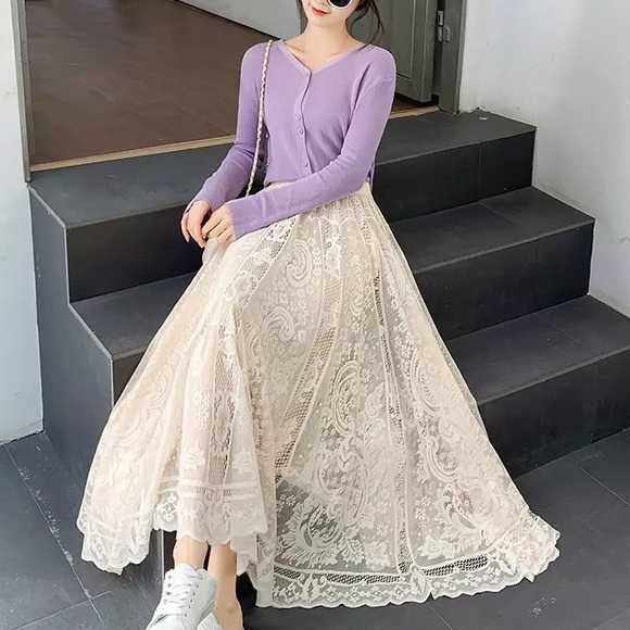 Lace skirt cream beige womens summer spring long skirt floral - Picture 3 of 15